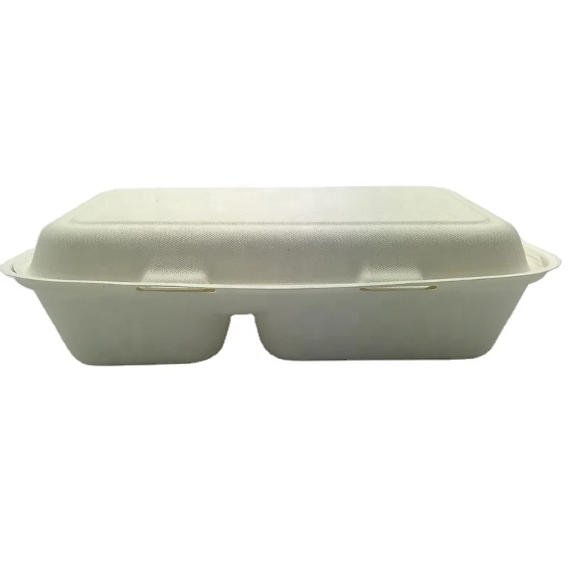 249*160*65mm 950ml 2 Compartment lunch box biodegradable compostable disposable sugarcane bagasse pulp hamburger clamshell