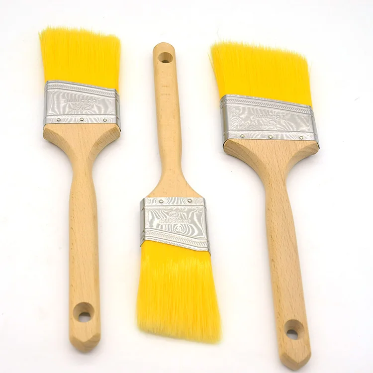 High Quality Yellow Wooden Long Handle PBT Synthetic Tapered Filament Angle Sash Paint Brushes