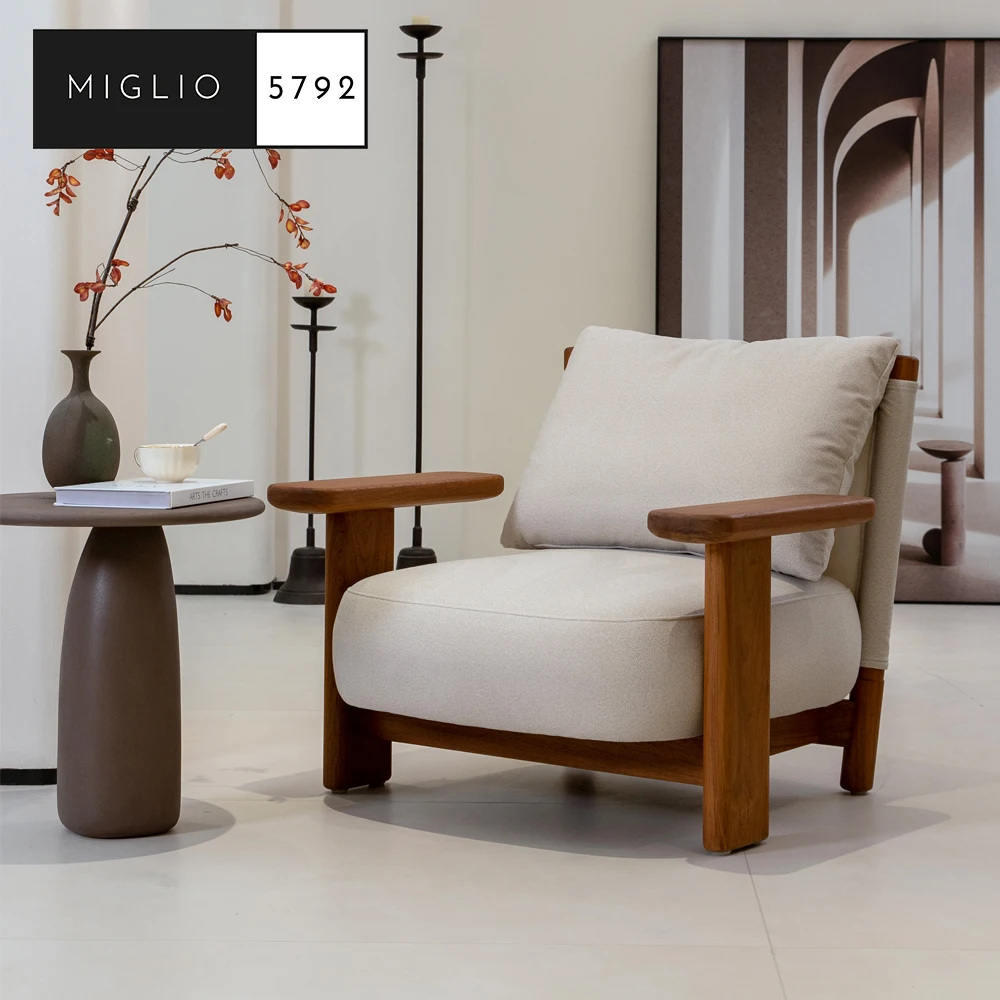 Modern Outdoor Upholstered Sofa Chair Living Room Fabric Ice Cream Exterior Design Accent Arm Chair Wooden Frame Armchair