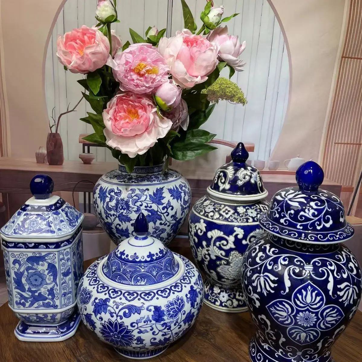 Hand-Painted Blue White Ceramic Vase New Chinese Style Exquisite Flower Pot Living Room Decorative Stone General Jar Tea Pot