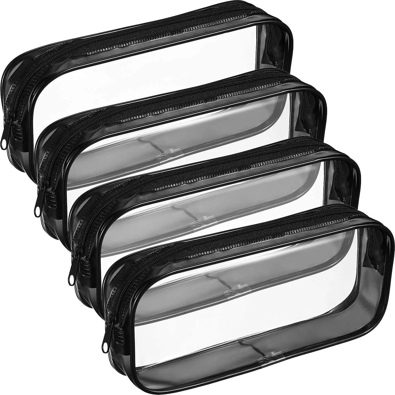 Factory 4 Pieces Clear PVC Zipper Pen Pencil Case Big Capacity Pencil Bag Makeup Pouch (Black)