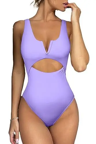 2024 new one-piece plain color splicing sexy V-neck one-piece swimsuit hollow bikini