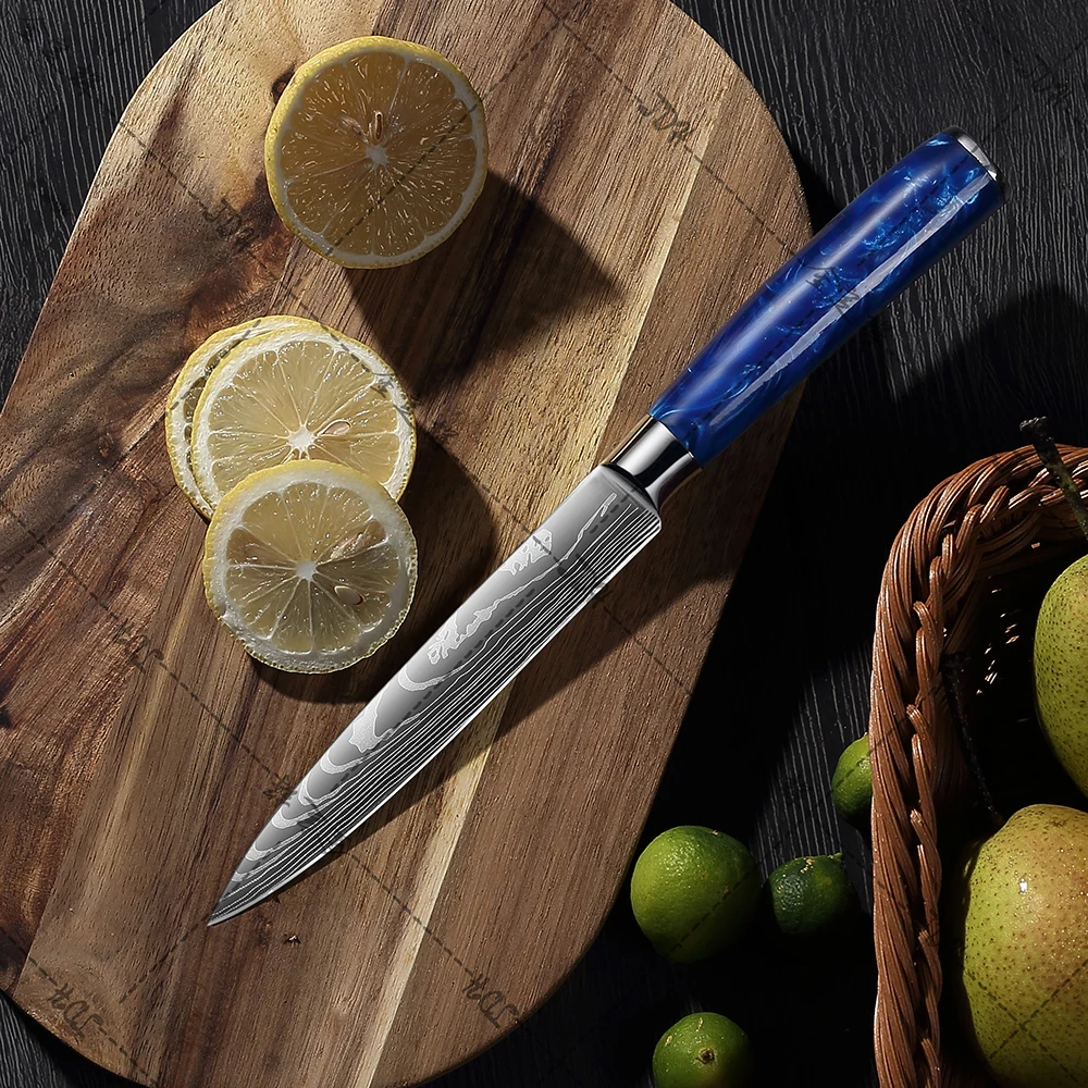 7 inch Hot Sale Santoku Chef Knife Ironwood Handle vg10 73 Layers Damascus Steel Kitchen Knife with Blue Resin Handle