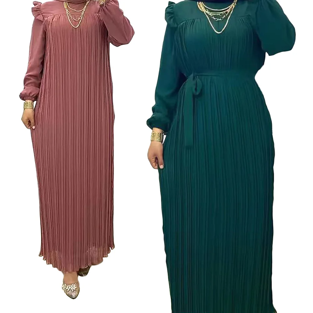 Bicomfort Clothes Women Muslim Loose Fit Dress Solid Color Pleated Long Sleeve O-Neck Casual Dress Undefined