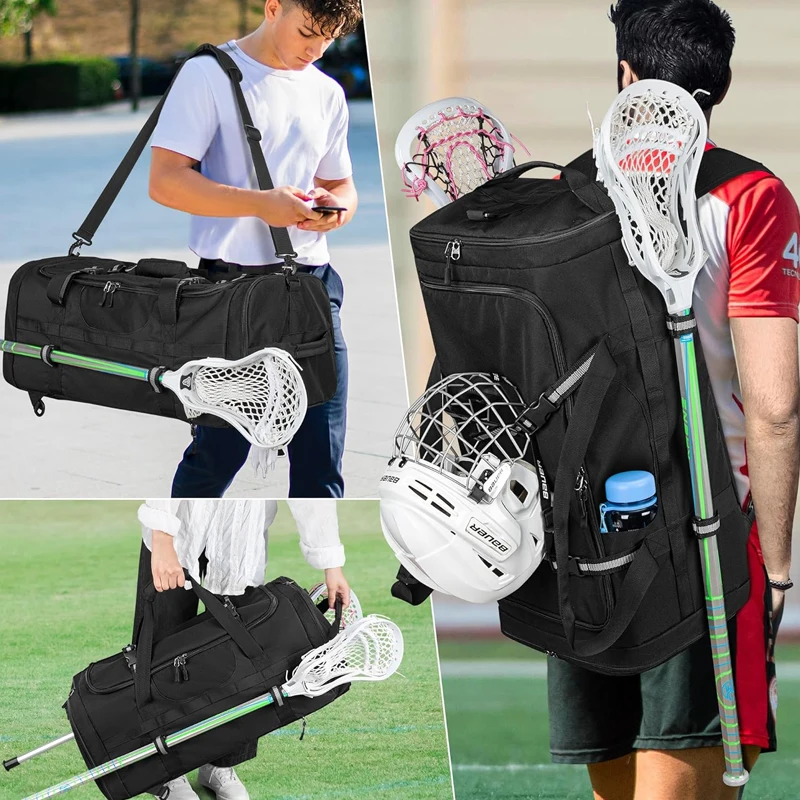 custom lacrosse gear backpack duffel sports bag multi-function large lacrosse bag holds 2 sticks with helmet holder shoe pockets