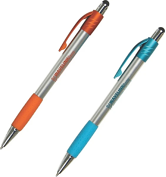 customized silver plastic promotional rubber grip stylus touch screen ball pens with personalized company name logo imprinted