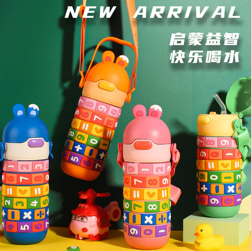 430ml Kids Stainless Steel Straw Thermos Mug With Case Cartoon Leak-Proof Vacuum Flask Children Thermal Water Bottle Thermocup