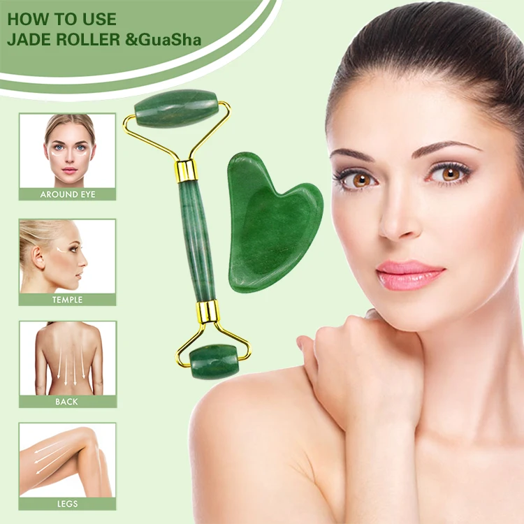 Wholesale Best High Quality Pink Anti Aging Face Massager Rose Quartz Natural Jade Set Facial Gemstone Roller with guasha set