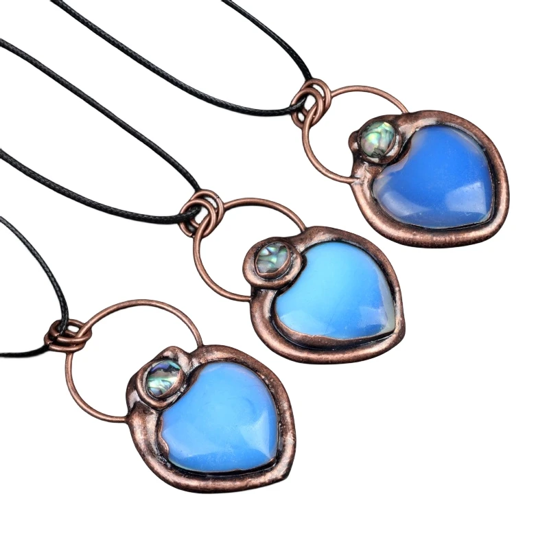 Wholesale European Vintage Heart Shape Natural Syn.Opal Stone Pendant Retro Red Copper Charm Necklace