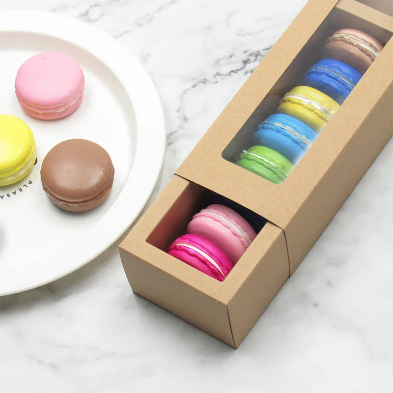 
Macaroon Box with Transparent PVC Window Box Kraft Paper Drawer Box for Baking Biscuit Pastry Candy Food Packaging 