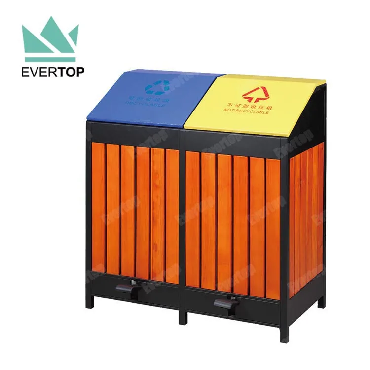 DA-58H 86L 23 Gal 2 Compartments Recycle Wooden Outdoor Garbage bin Classified Outdoor Wood Dustbins Pedal Public Trash Can