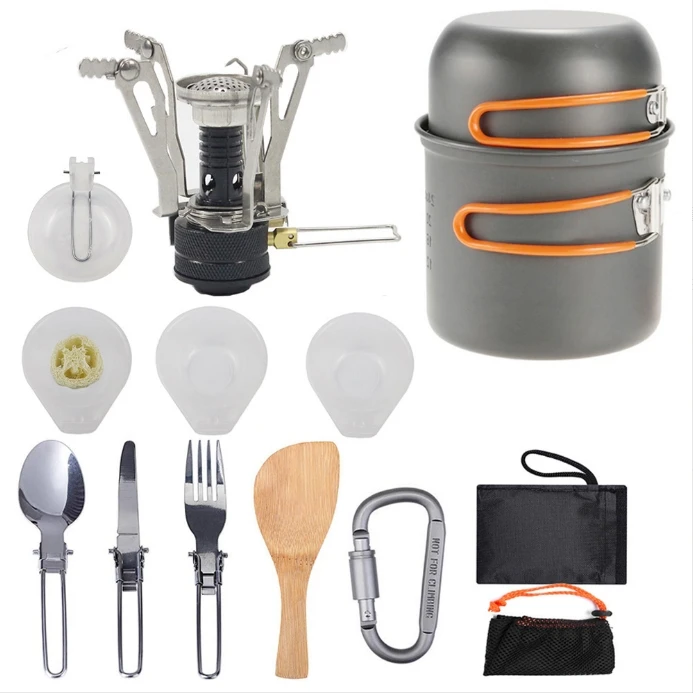 Portable Camp Stove with Lightweight Pots and Pans Set Non-Stick Backpacking Camping Cookware Set