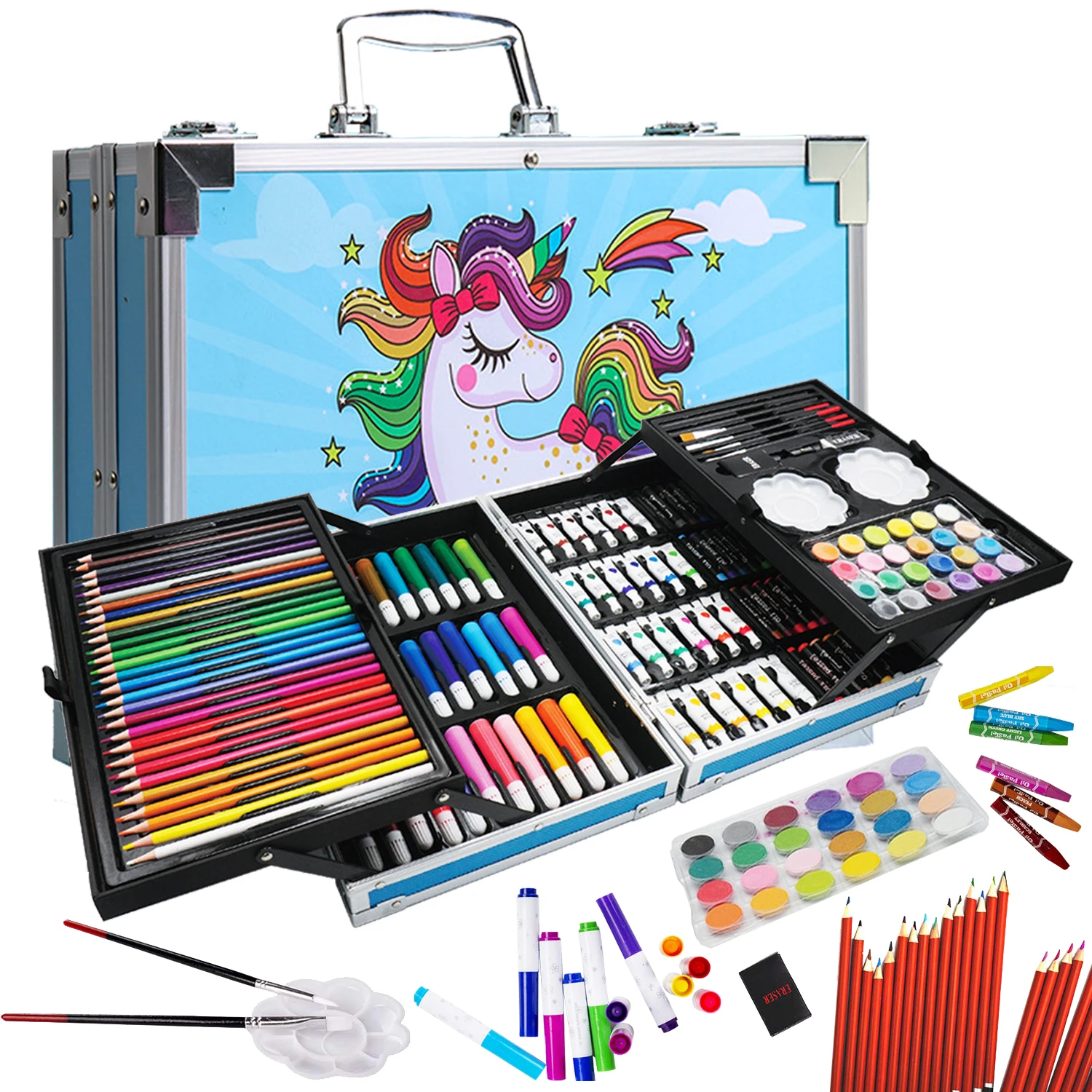 145PCS Drawing Supplies Kid Painting Art Kit Box Stationery Bilayer Artist Set colored pencils art tools Art Sets for Children