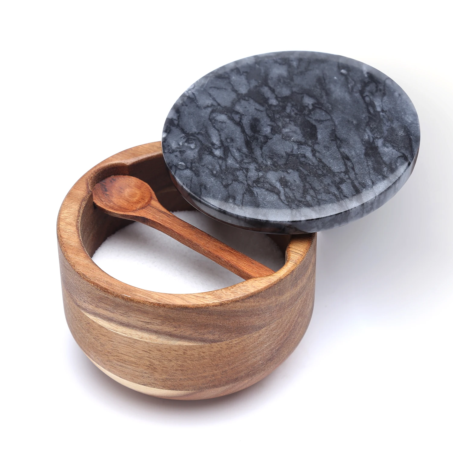 Big Capacity Pepper Sealer Pinch Bowl with Built-in Serving Spoon Spice Seasonings Keeper Marble Lid 10oz Large Wood Salt Box