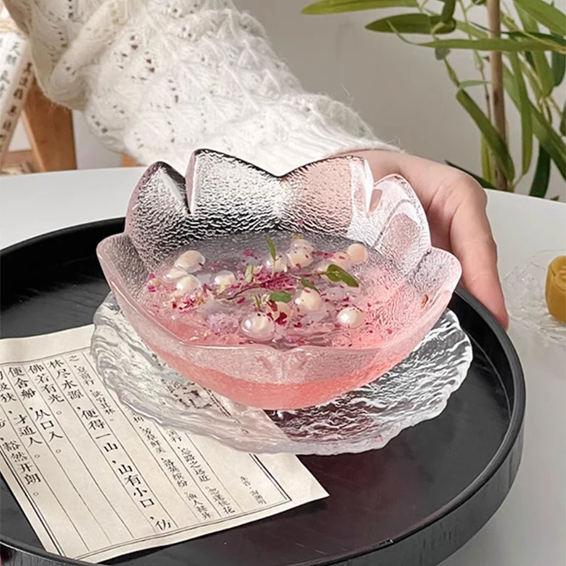 Japanese Crystal Frosted Fruit Salad Bowl Household Ice Cream Snack Bowl With Saucers and Plates