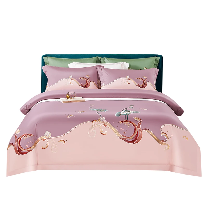 
High Quality Soft Cotton Applique Embroidery Pink Printed Bedding Sheet Comforter Sets Queen Bedspread Bed Linen Four Piece 