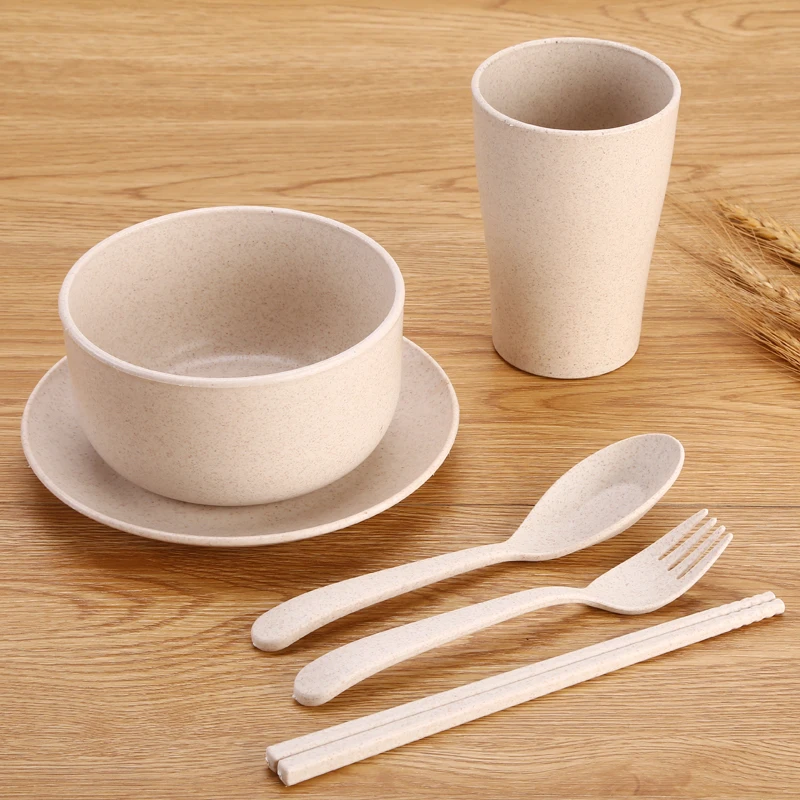 Natural Wheat Straw Spoon Fork Chopsticks Cup Bowl Plate 6-pieces Set