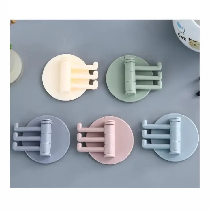 wholesale No trace paste 3 branch rotating hook kitchen bathroom wall hook home plain nail-free sticky hook