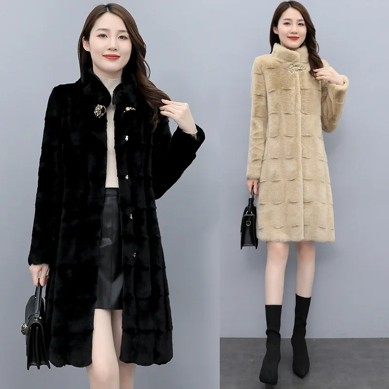 Plus Size Womens Mink Fur Winter Coat With Zip Big Hood Women Clothing Black Long Faux Fur Jacket