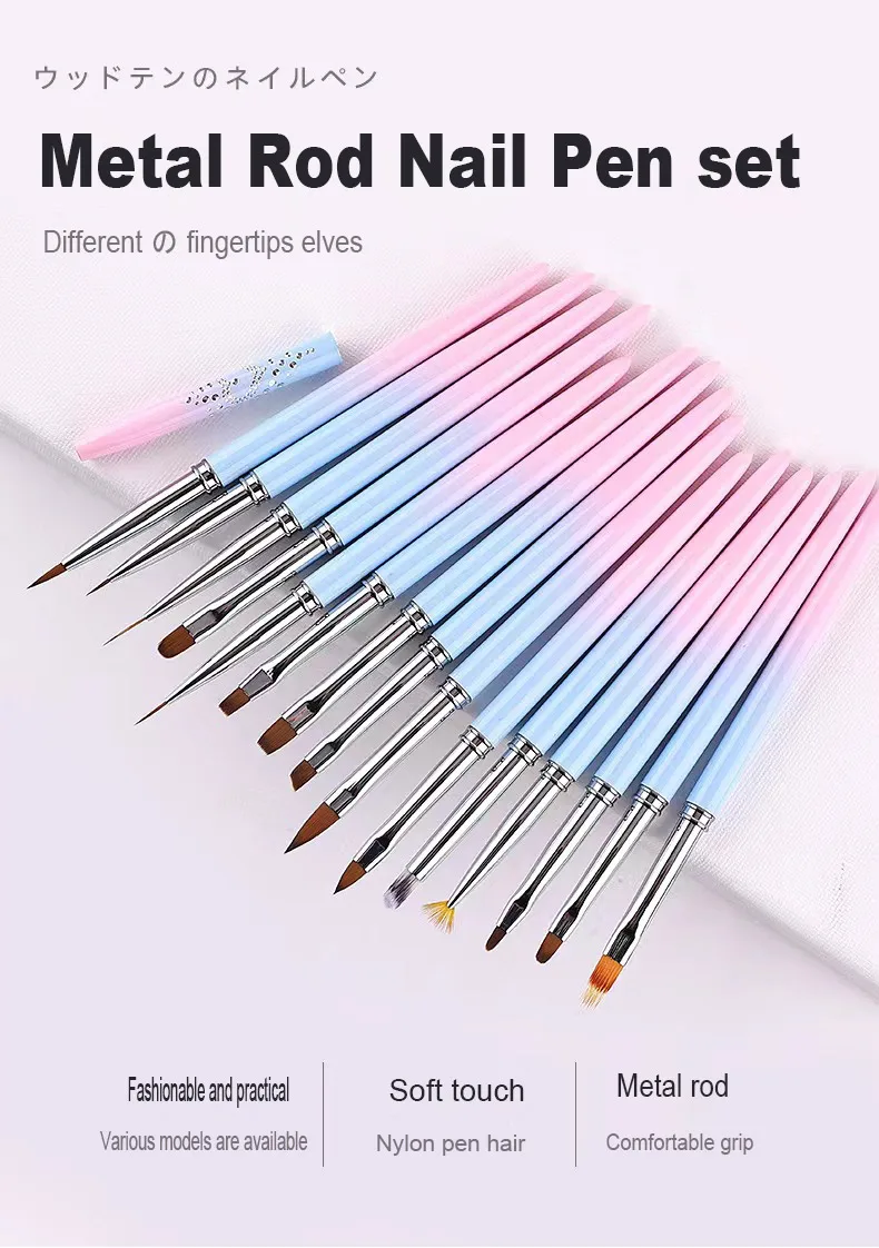 Nail Pen Nylon Gold Metal Handle Silicone Art Dotting Nail Brush Set Painting UV Gel Liner Nail Brush