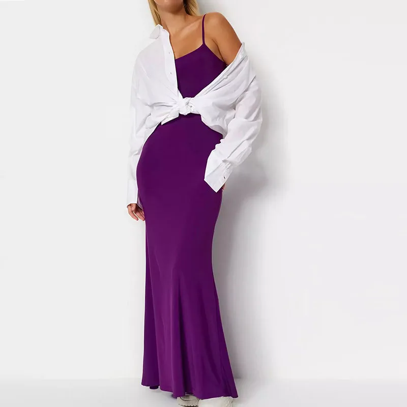 Trend Summer Casual Solid Square Neck Sleeveless Bodycon Mermaid Hem Knitted Maxi Elegant Women Dresses