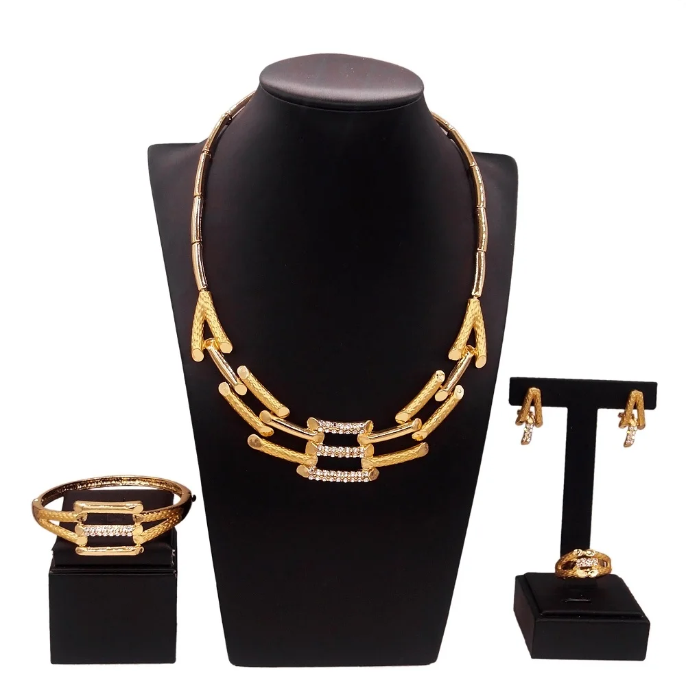 High Quality Luxury Decoration Necklace Sets 18 k Bride Collarbone Jewelry Set 18 K Gold Plated African Jewels Earring Bangle