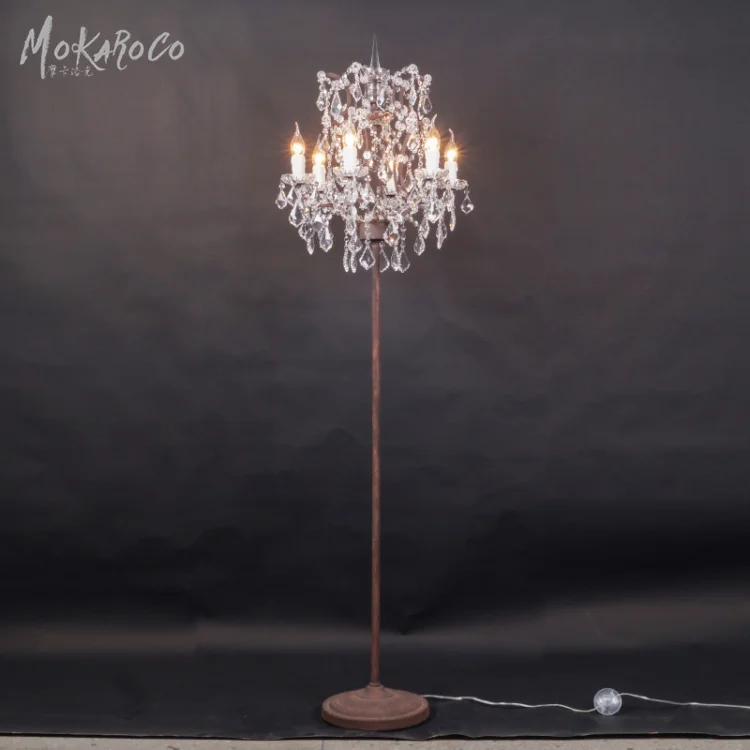 
19TH C. ROCOCO IRON CRYSTAL FLOOR LAMP rust color antique wrought iron floor standing crystal floor lamp 