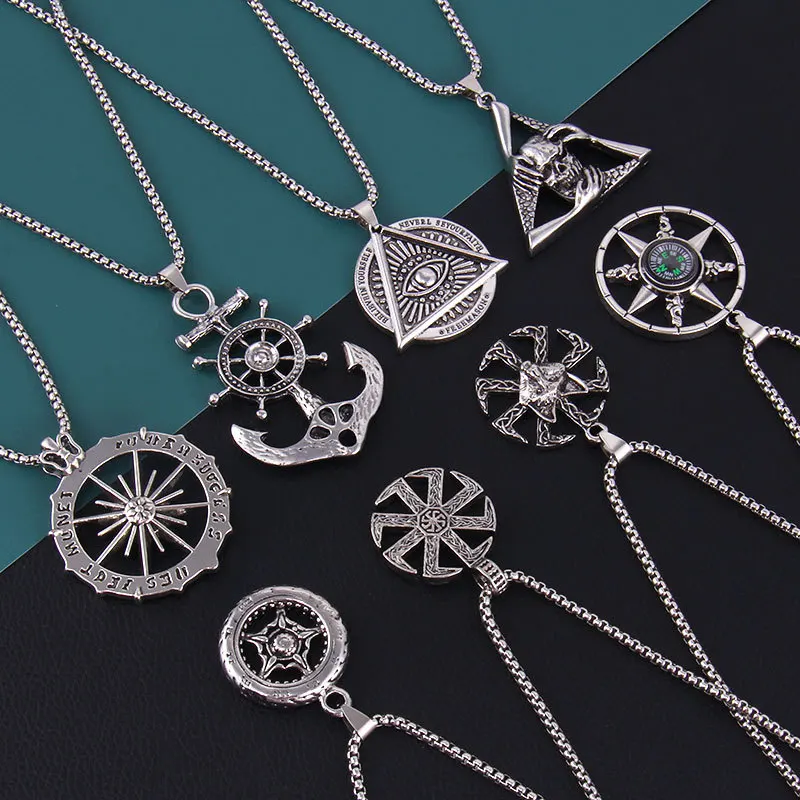 Hip Hop Locket Sickle Chain Coin Heart Mens Sugar Bull Skull Pendant Necklaces Anchor Pirate Boat Necklace