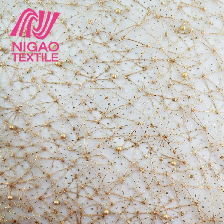 Custom pattern 3D beaded embroidered fabric glitter tulle mesh fabric lace fabric  for evening dress