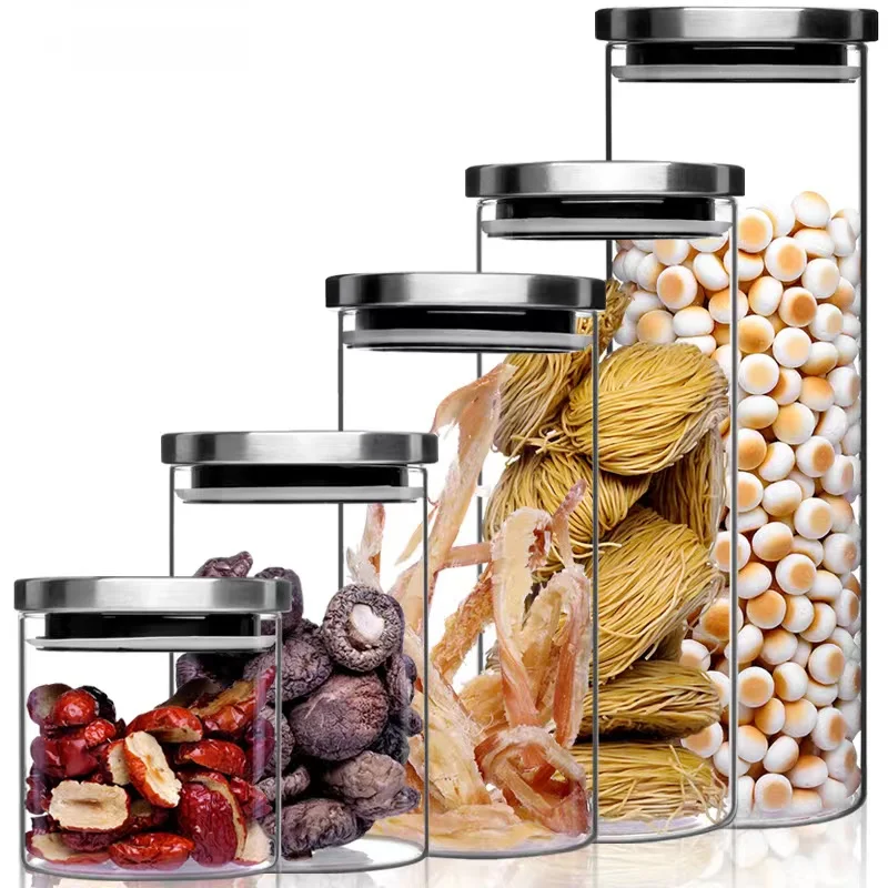 Hot sales heat resistant transparent Spice Sugar Condiment Tea Glass storage jar Canister with stainless steel lid