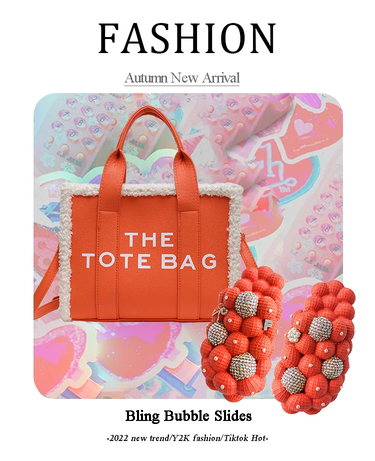 Wholesale Eva Cloud Lychee Bubble Sandals Winter Furry Pu Handbag Luxury Bling Bubble Slides with Purse The Tote Bag