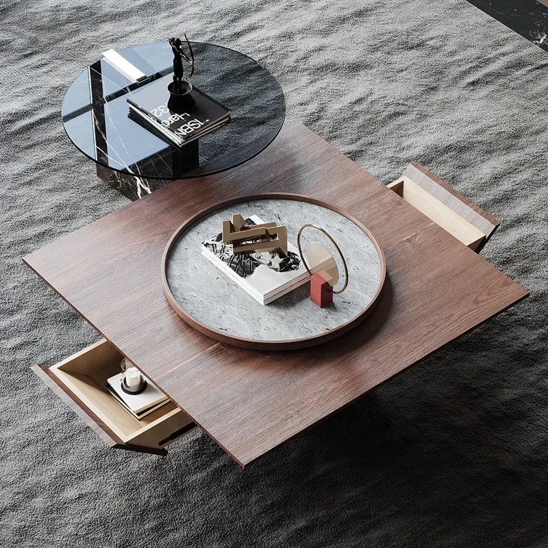 Unique Design Coffee Table Living Room Furniture Walnut Veneer Table With Stone Top and metal Base home square tea table