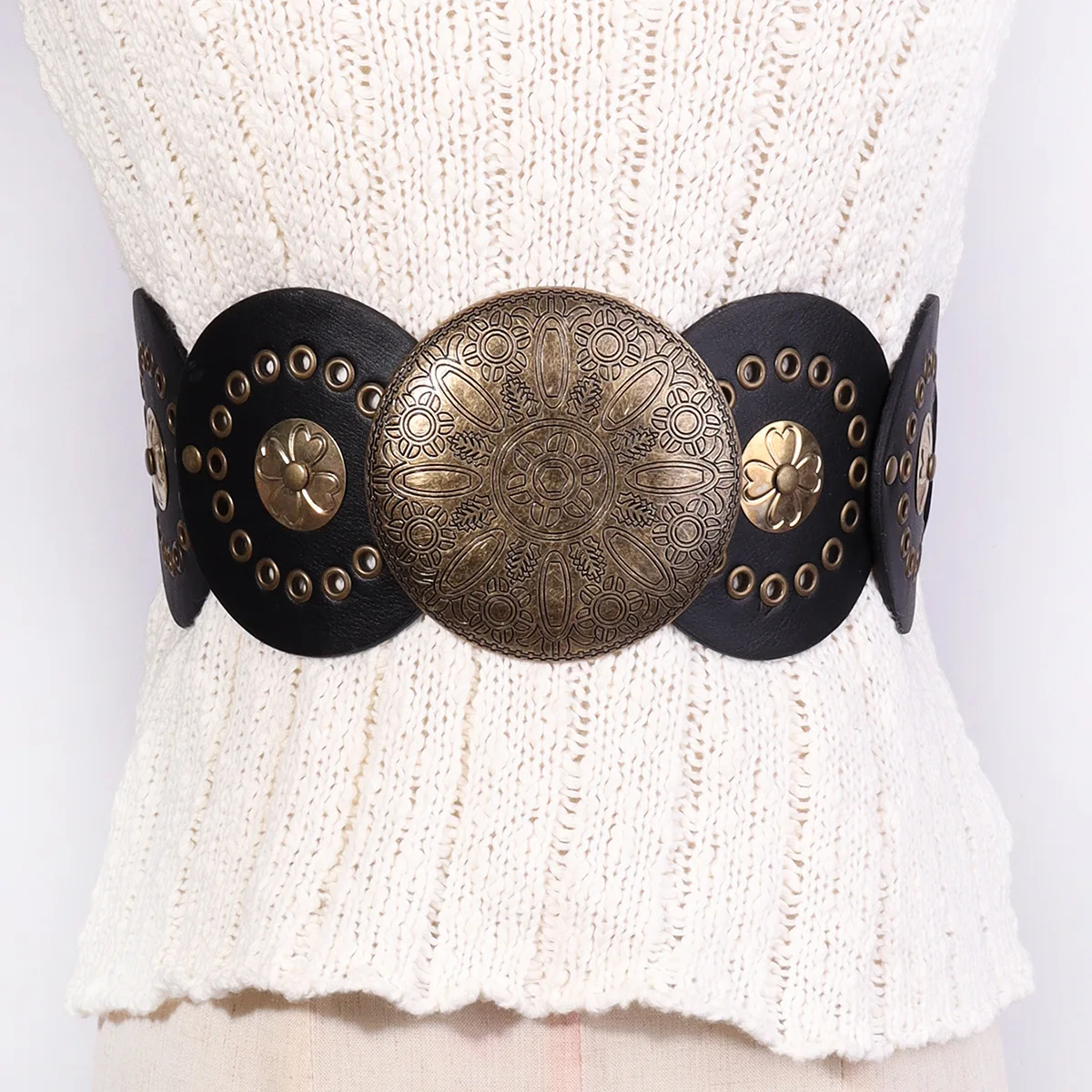 Retro Punk Big Round Rivet Hole PU Leather Belt Disk Link Fashion Wide Ladies Wide Boho Disc Concho Leather Belt