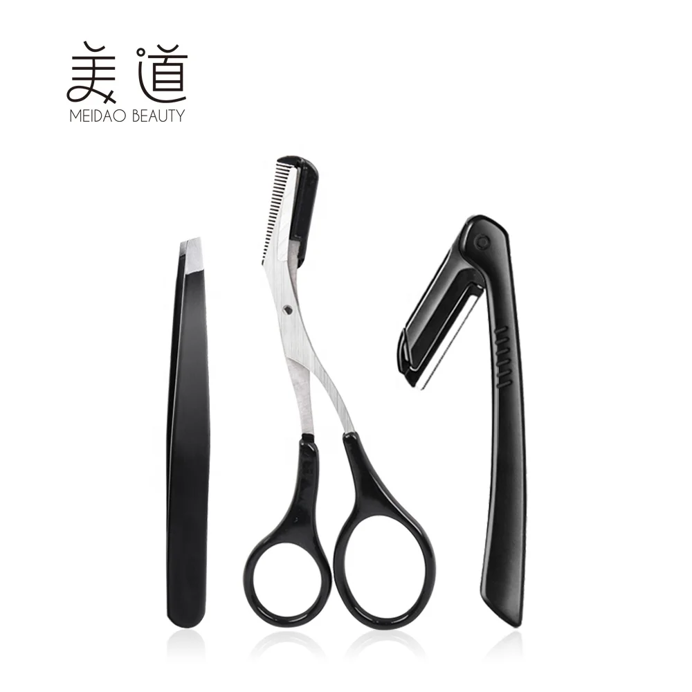 
3pcs Beauty Makeup Black Pink Tweezers Extension Scissor Razor Eyebrow Grooming Kit 