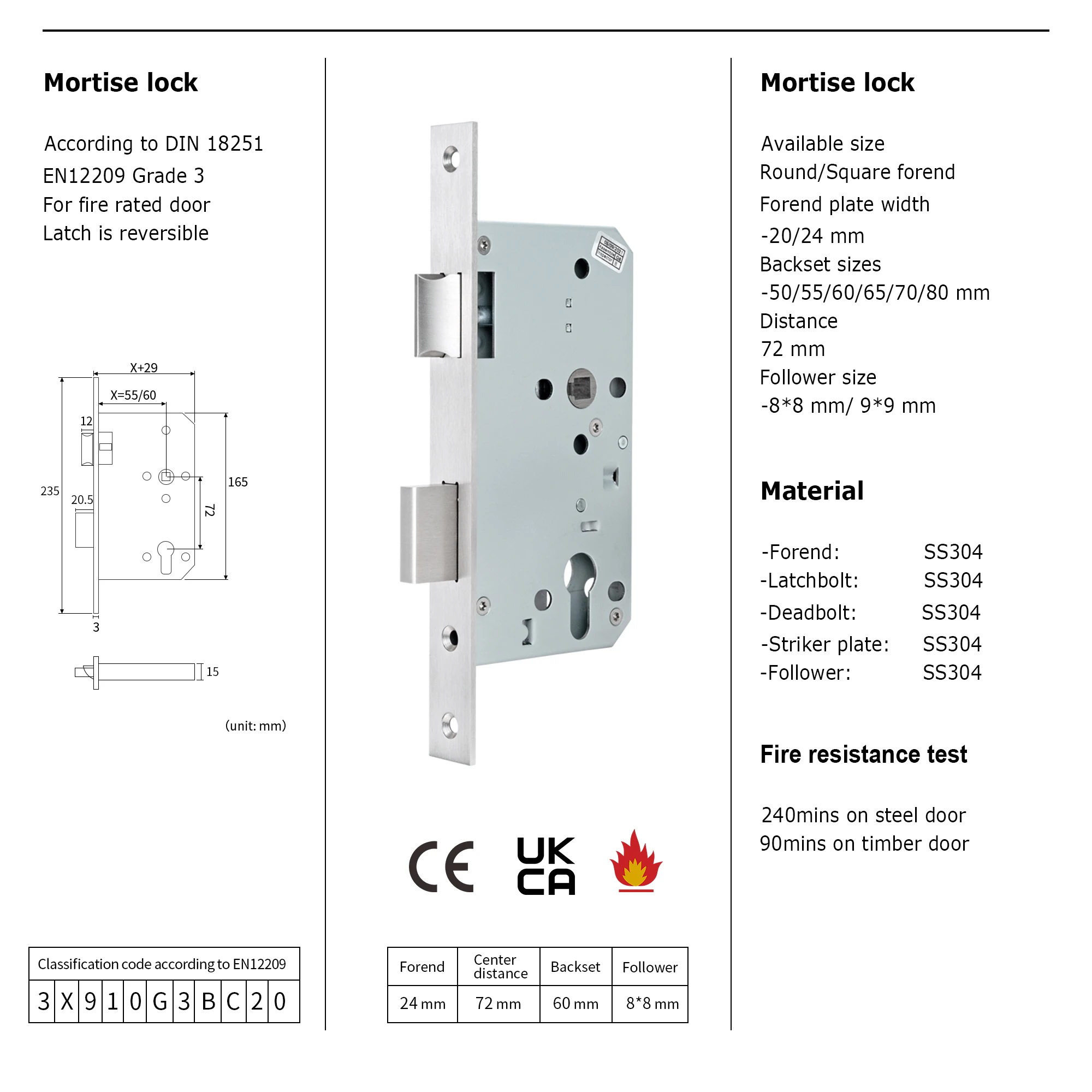 Высококачественный врезной замок из нержавеющей стали 304 в европейском стиле, предназначенный для долговечности с DIN18251
