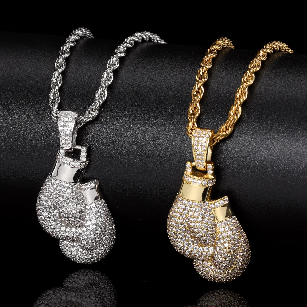 Wholesale HIp Hop Gold Plated Iced Out Diamond Brass Zirconia Sports Boxing Gloves Pendant Necklace For women man