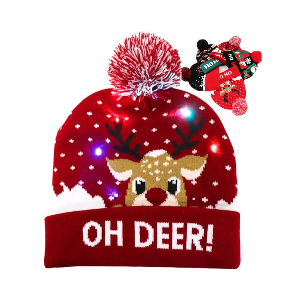 Custom LED Christmas Hat Light Up Knitted Santa Hats Unisex Knitted Beanie Holiday Hat with Deer Printing for Party