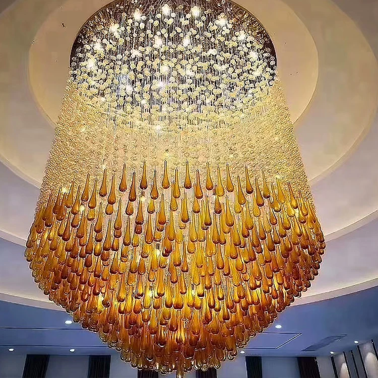 Modern Luxury Duplex Villa Hotel Club Custom Large Size Remote Control Indoor Hanging Glass Stone Crystal Chandelier