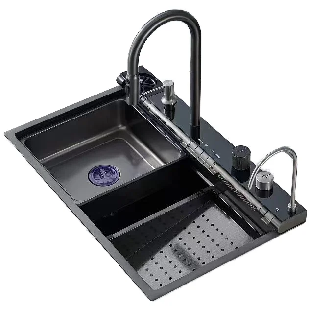 TikTok Trends All-In-One Stainless Steel Kitchen Sink Rectangular with Pull-Down Faucet Waterfall Faucet Polished Drainer