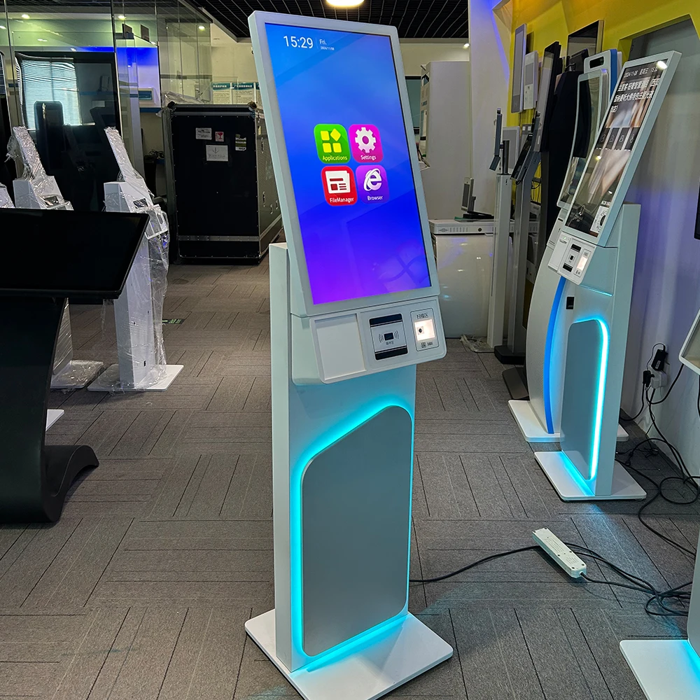 27 inch floor stand android touch screen hotel check in self service payment pos self ordering with printing Camera QR scanner