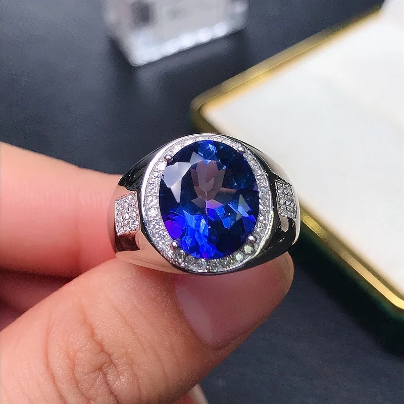 925 Silver Inlaid Natural Tanzanite Topaz Open Ring for Men