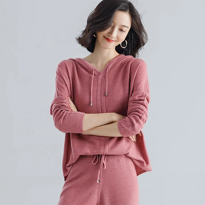 
B61565A 2019 large size loose pure color casual suit wool blend warm knitting suit women wholesale 