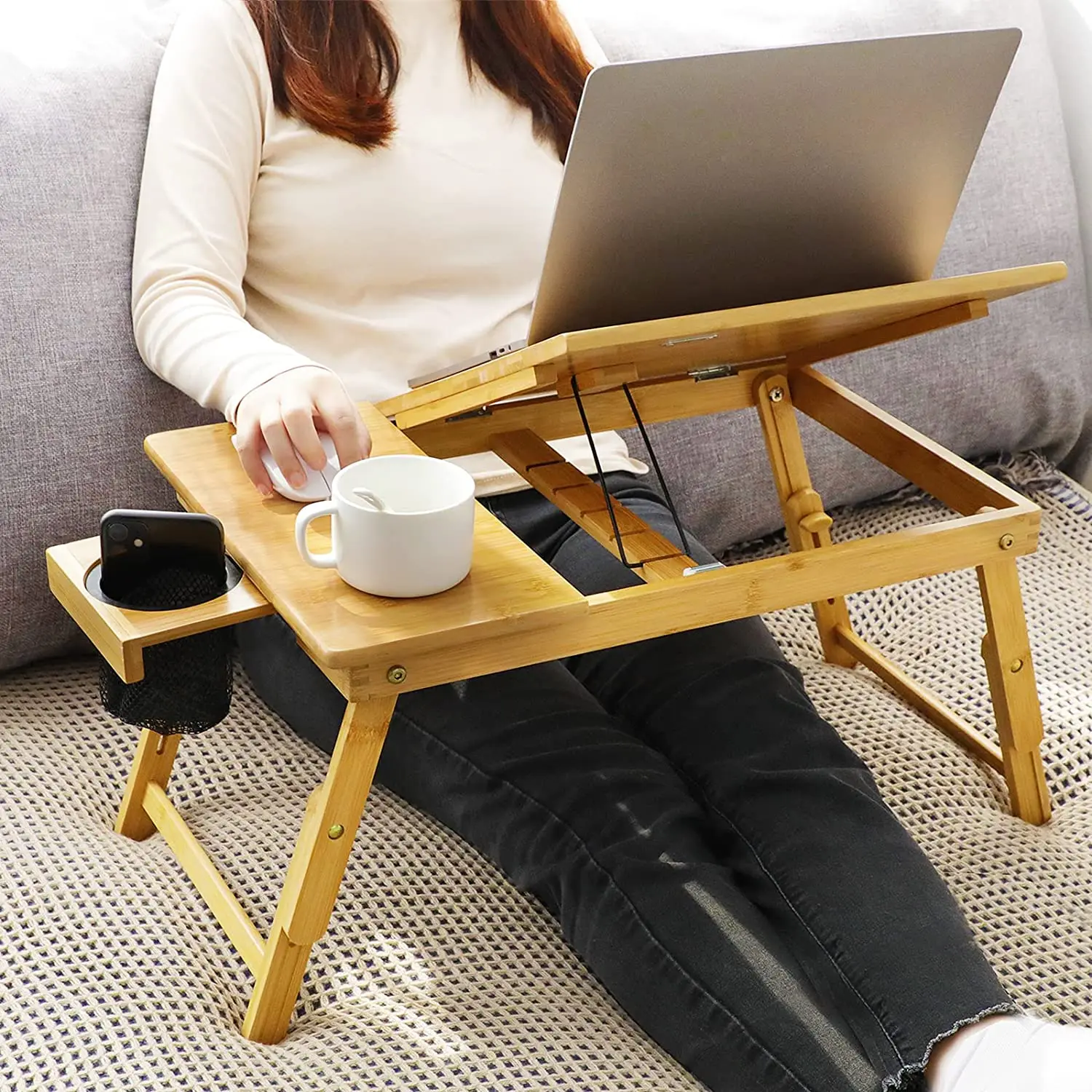 Multi-Functional Bamboo Bed Tray Adjustable  Bamboo Lap Desk with Folding Legs and Storage Net