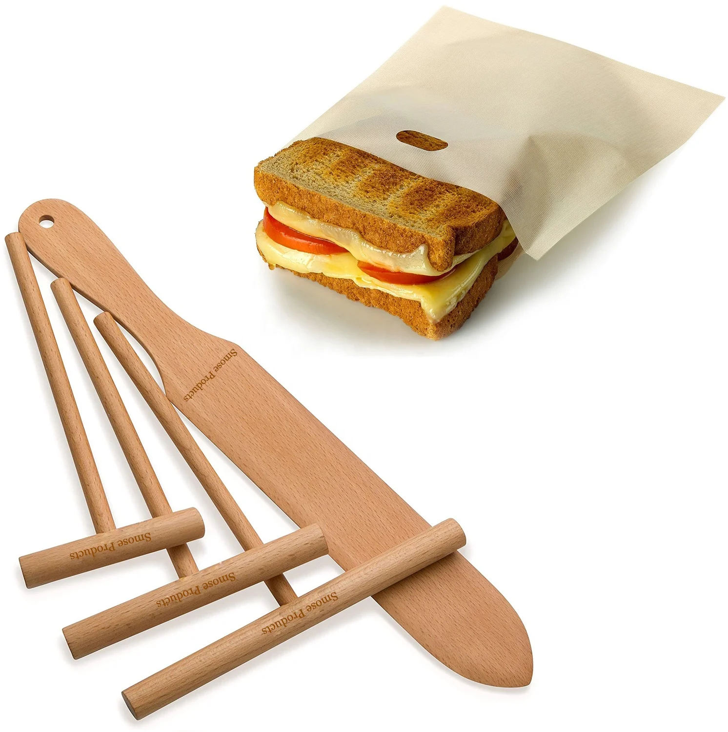 Natural Crepe Maker Accessories Beech Wood 4 Piece T-Shape Crepe Spreader and Spatula Set