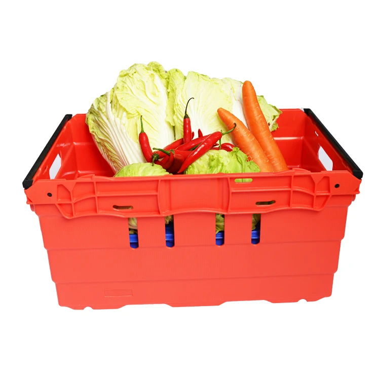 Stackable plastic boxes of fruits and vegetables for transporting mushrooms, grapes, etc. in supermarkets and farms