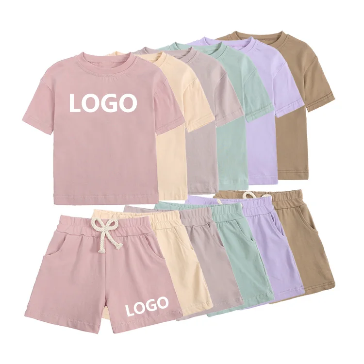 2022 New Custom Logo Cotton Unisex Kids Sets 2 Pieces Crew Neck T-shirt and Short Sets Kids Short Sets