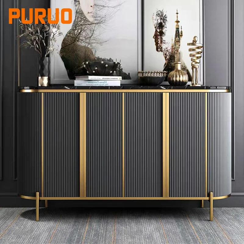 PURUO luxury home use living dining room furniture stone top MDF wooden cabinet buffet console table with storage