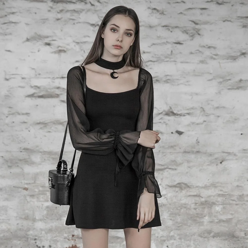 PUNK RAVE OPQ-497 Lolita Gothic Dresses Elegant Patchwork Mesh Long Sleeve Halter Black Women Mini Casual Dress