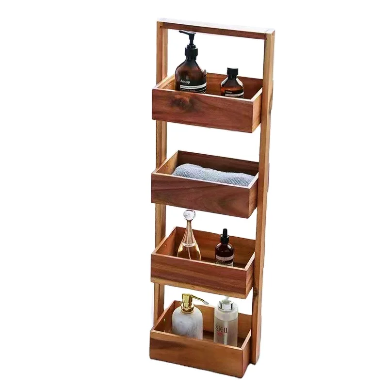 4-Tiers Floor Standing  Multifunctional Acacia Wood Household Storage Box Rack Bathroom Toiletries Storage Rack