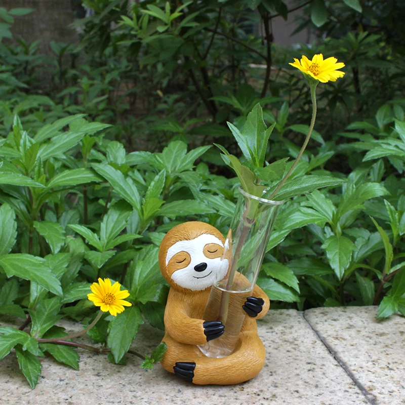 Modern Resin Sloth Holding Small Transparent Glass Tube Flower Vase